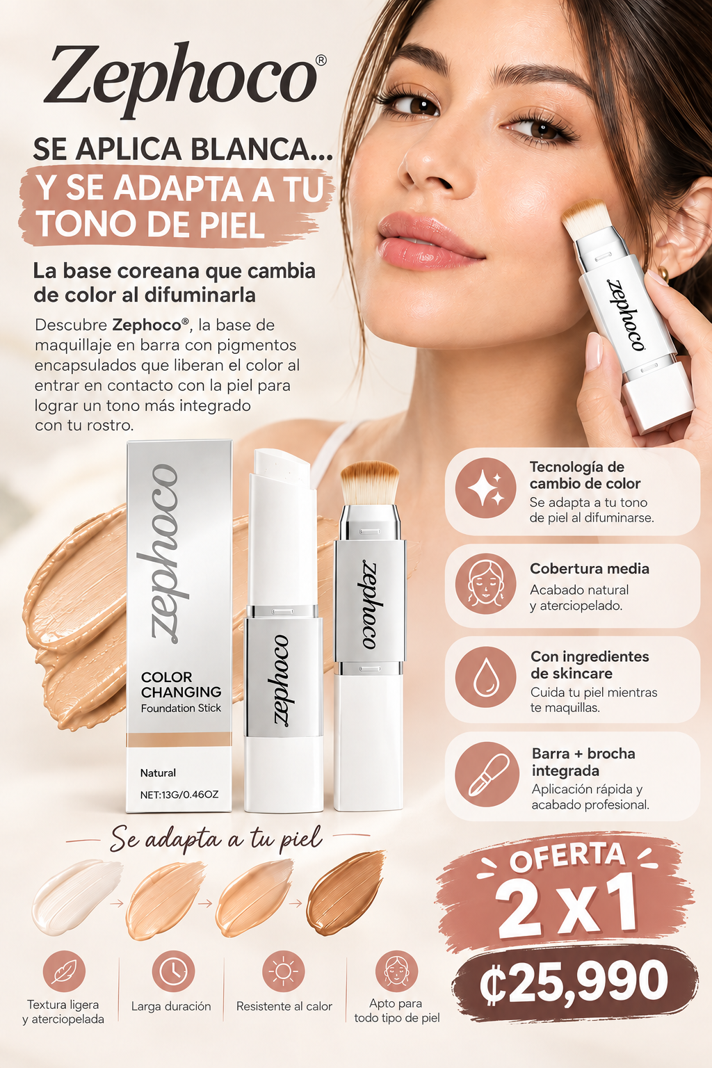 Base Zephoco® OFERTA 2X1: Cambia de color y se adapta perfectamente a tu tono