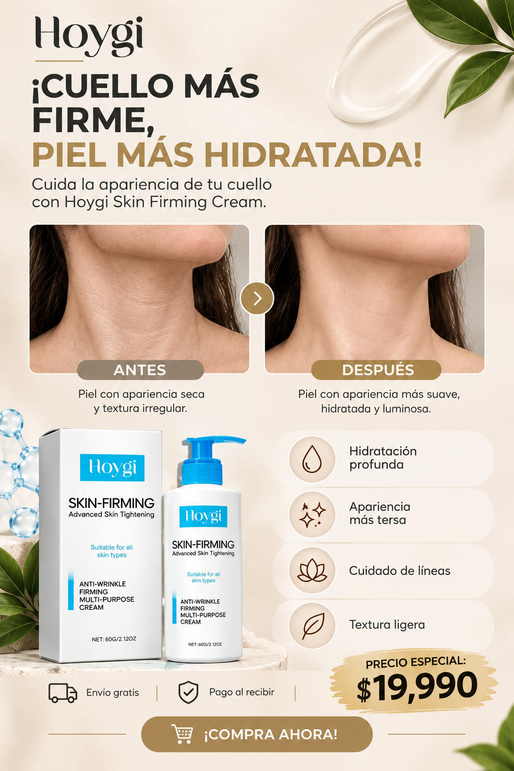 Crema Reafirmante Hoygi®: Rejuvenece la piel del cuello y recupera la firmeza