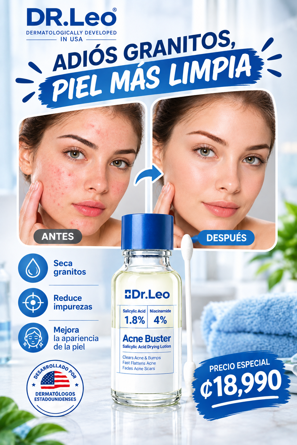 Loción Secante Dr. Leo®: Seca granitos rojos inflamados de raíz