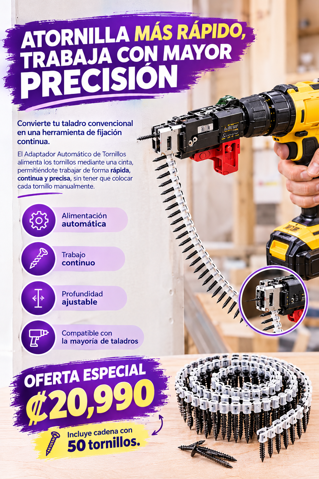 Adaptador de Clavos®: Transforma tu taladro en una clavadora continua