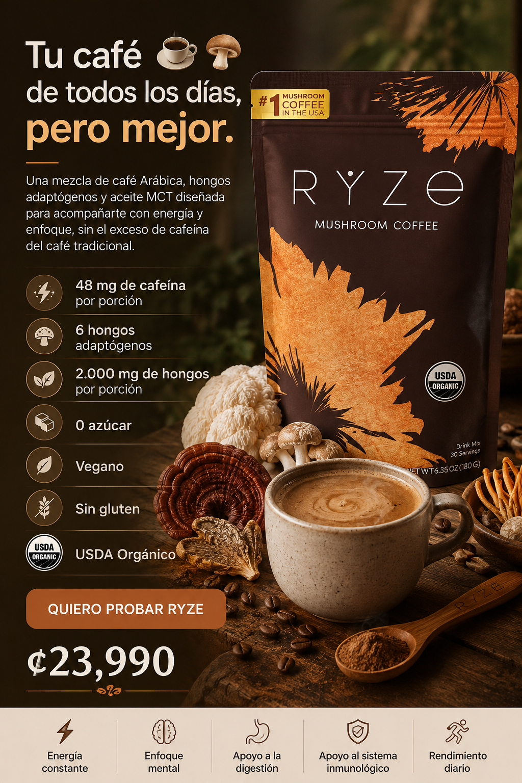 Nuevo café de hongos RYZE®: Energía pura y claridad mental sin nerviosismo ni bajones